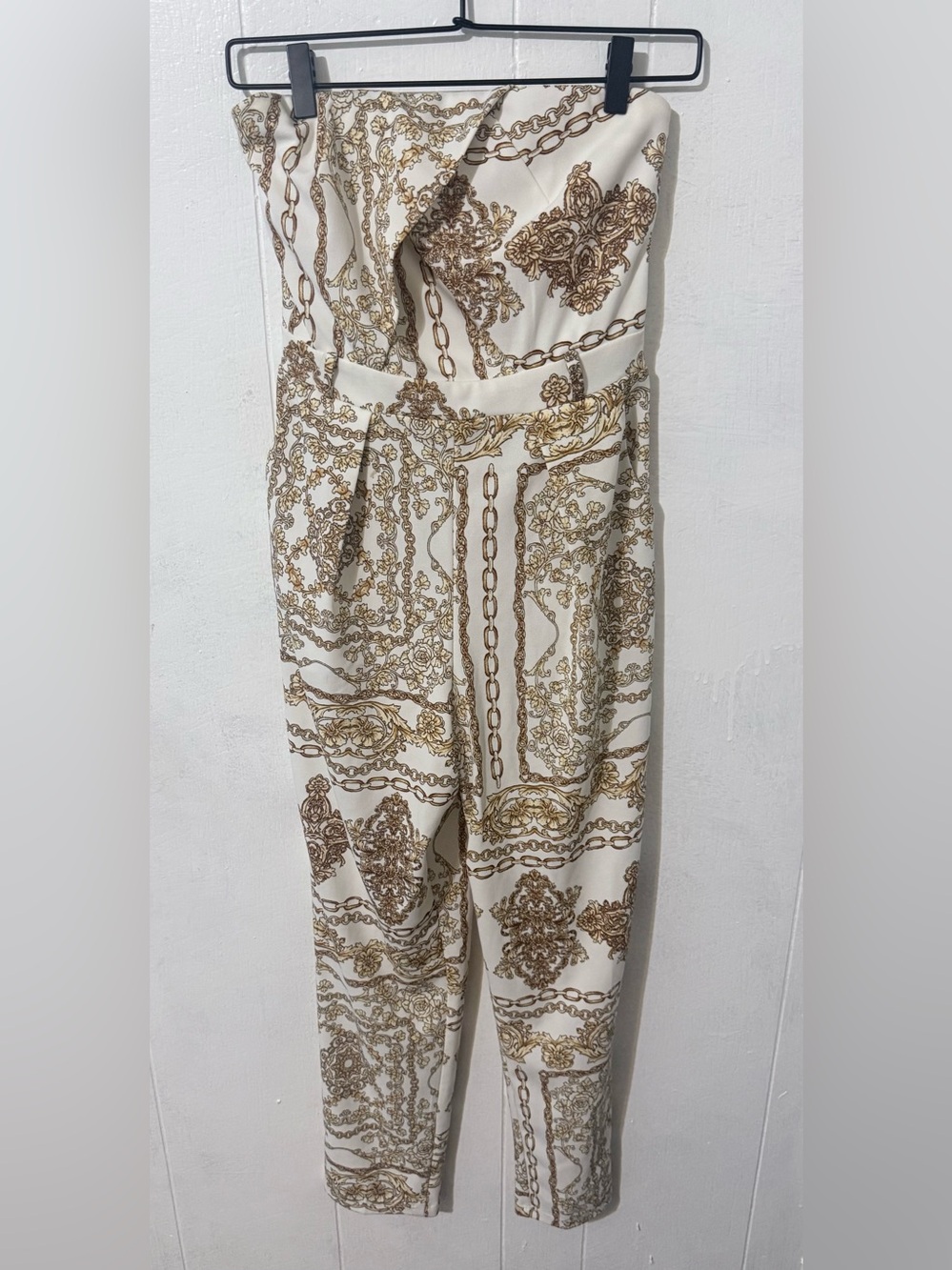 Charlotte Russe Cream Strapless Jumpsuit with Gold Chain Print